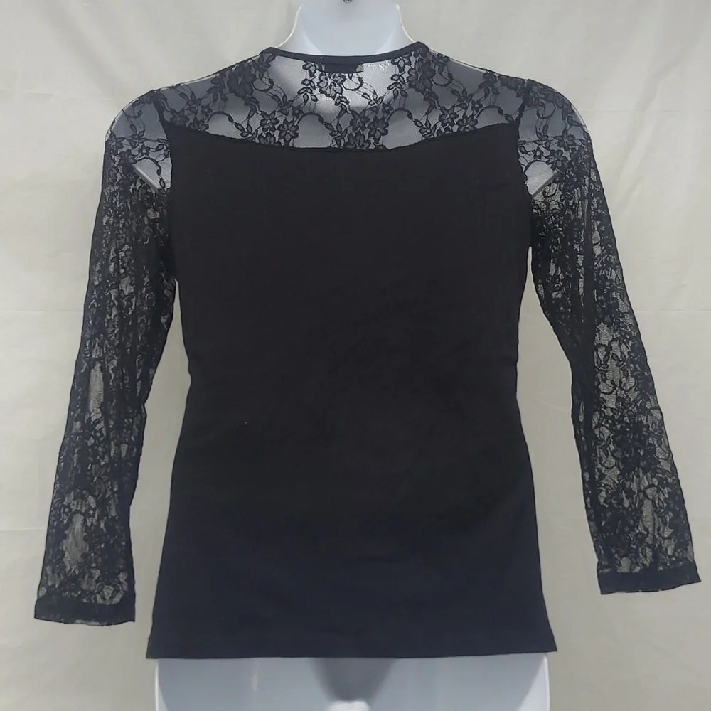 Vintage Y2K Black Gold Lace Beaded Scroll Cross Top Long Sleeve Glam Gothic